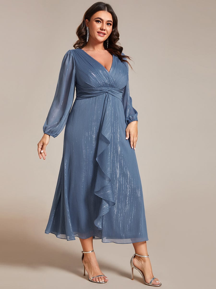 Plus Size Long Sleeve Twist Knot Glitter Midi Dress #color_Dusty Blue