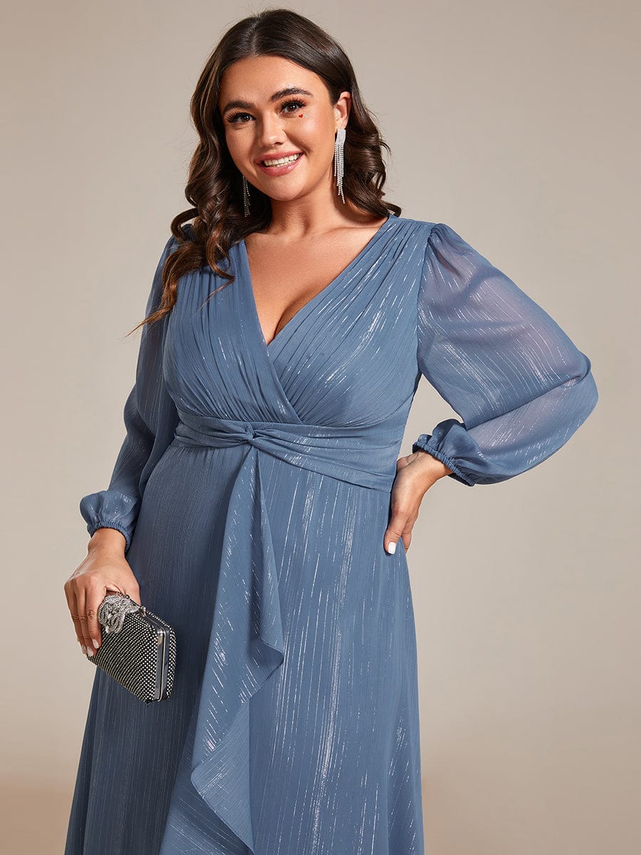 Plus Size Long Sleeve Twist Knot Glitter Midi Dress #color_Dusty Blue