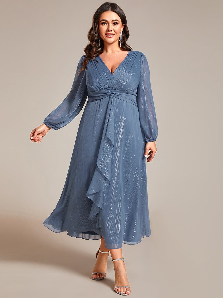 Plus Size Long Sleeve Twist Knot Glitter Midi Dress #color_Dusty Blue