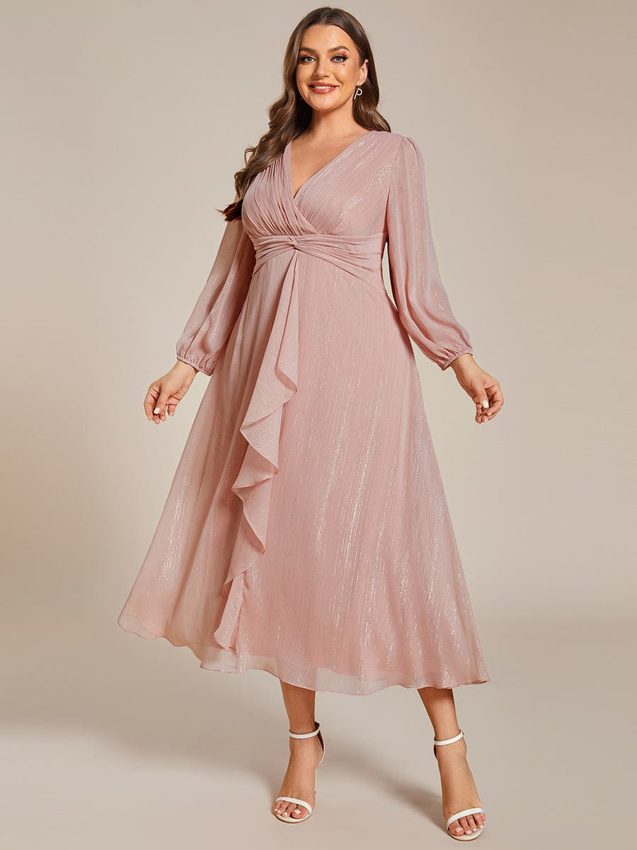 Plus Size Long Sleeve Twist Knot Glitter Midi Dress #color_Dusty Rose