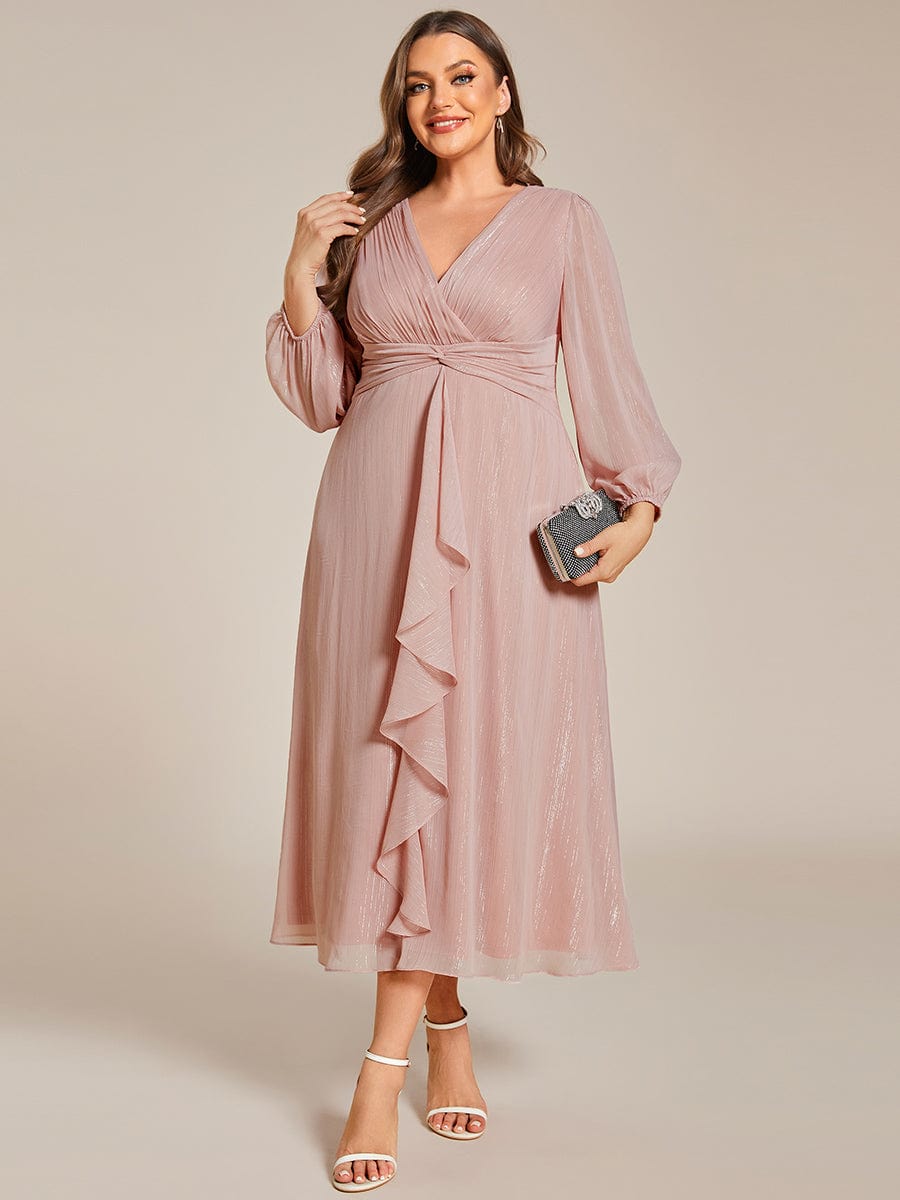 Plus Size Long Sleeve Twist Knot Glitter Midi Dress #color_Dusty Rose