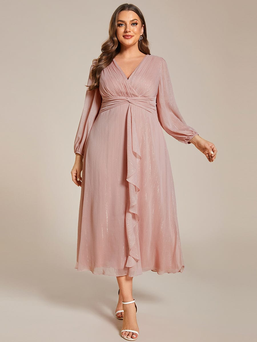 Plus Size Long Sleeve Twist Knot Glitter Midi Dress #color_Dusty Rose