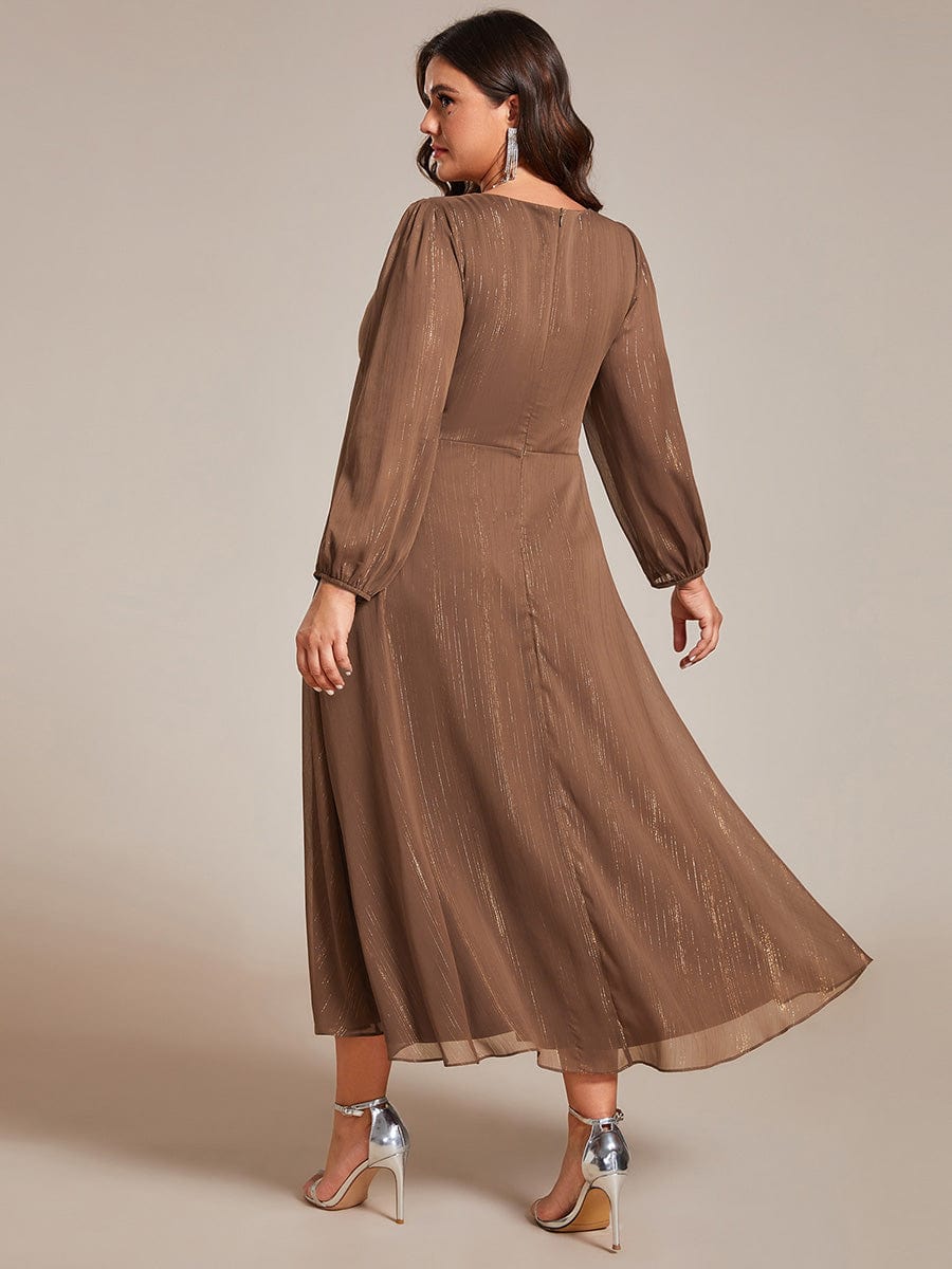 Plus Size Long Sleeve Twist Knot Glitter Midi Dress #color_Brown