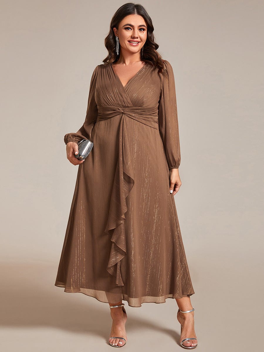 Plus Size Long Sleeve Twist Knot Glitter Midi Dress #color_Brown