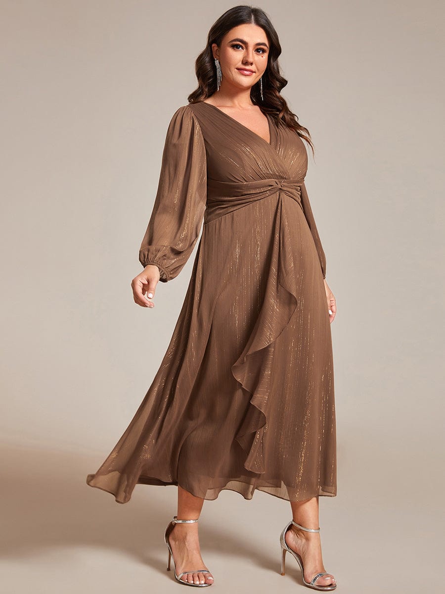 Plus Size Long Sleeve Twist Knot Glitter Midi Dress #color_Brown