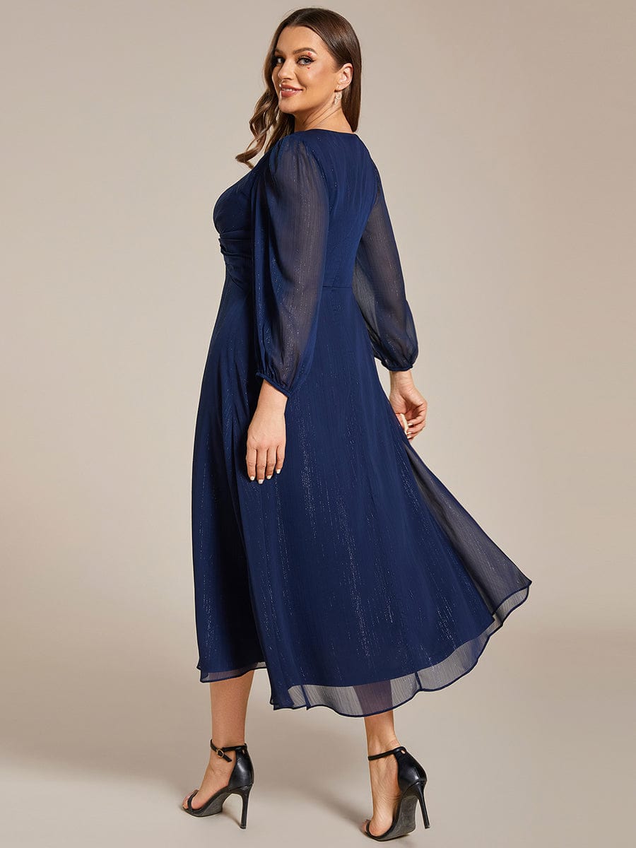 Plus Size Long Sleeve Twist Knot Glitter Midi Dress #color_Navy Blue