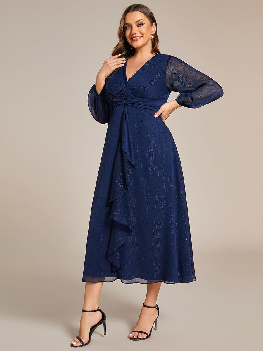 Plus Size Long Sleeve Twist Knot Glitter Midi Dress #color_Navy Blue