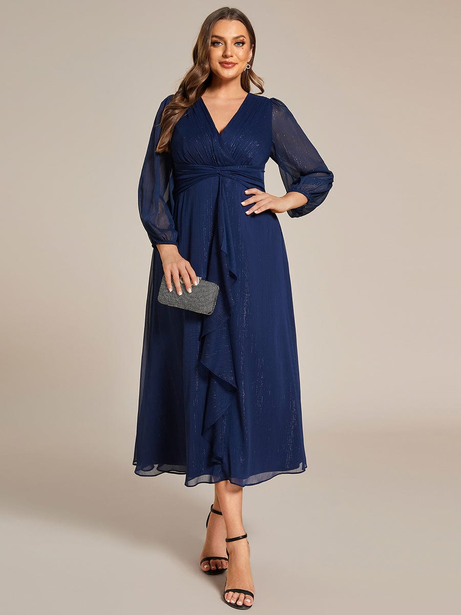 Plus Size Long Sleeve Twist Knot Glitter Midi Dress #color_Navy Blue