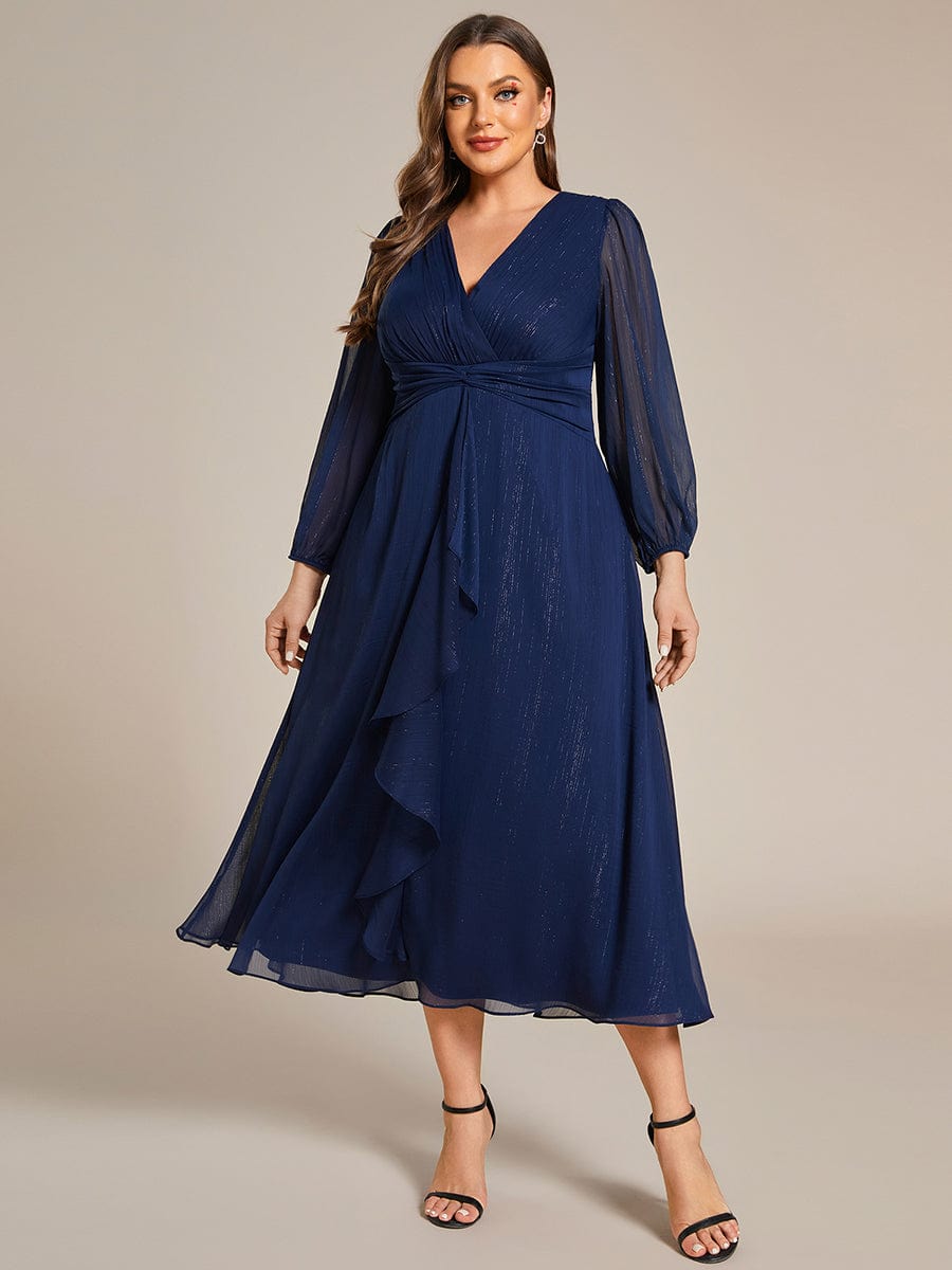 Plus Size Long Sleeve Twist Knot Glitter Midi Dress #color_Navy Blue