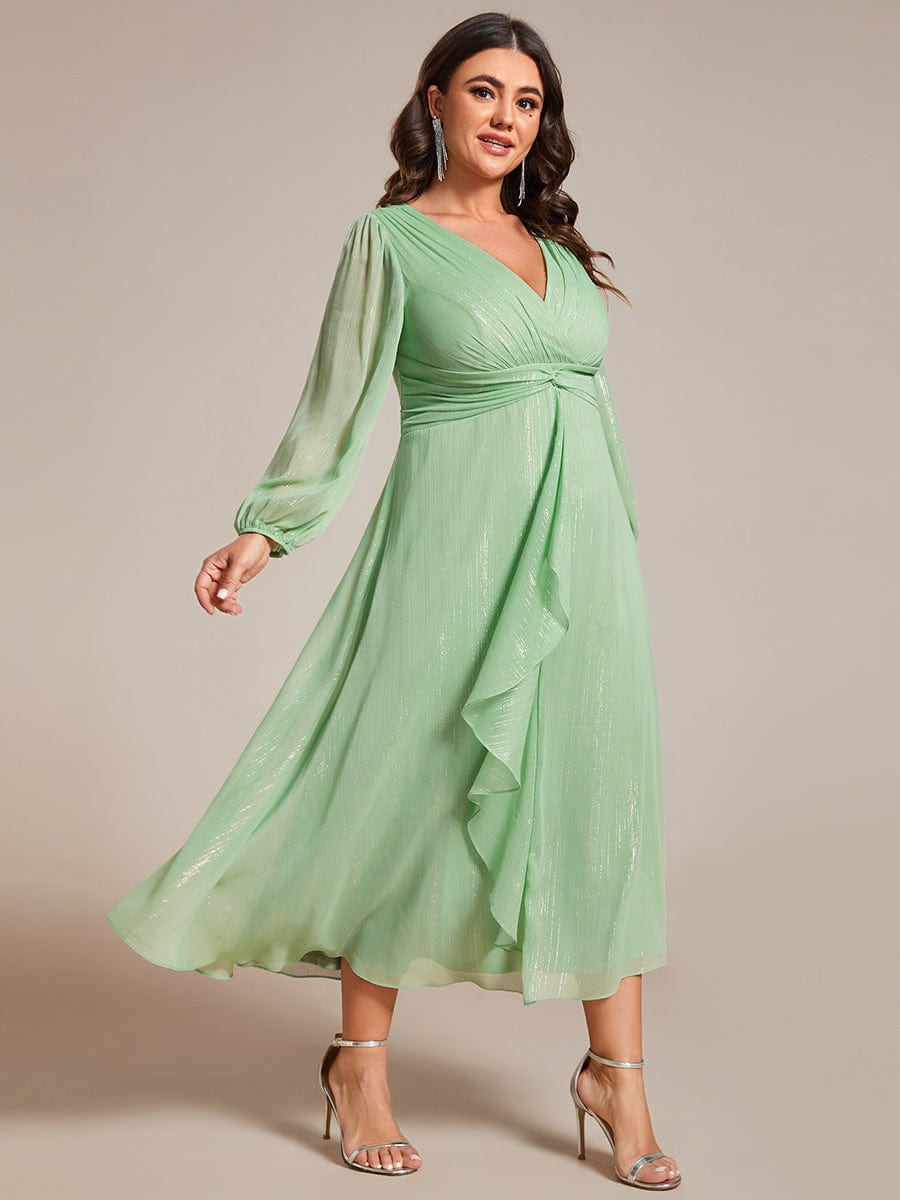 Plus Size Long Sleeve Twist Knot Glitter Midi Dress #color_Summer Green