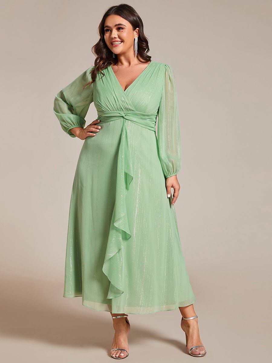 Plus Size Long Sleeve Twist Knot Glitter Midi Dress #color_Summer Green