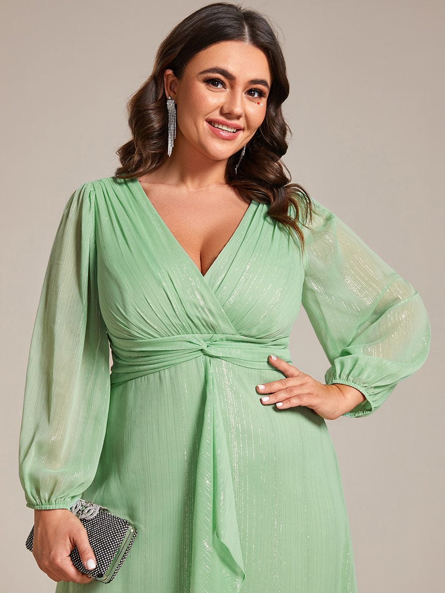 Plus Size Long Sleeve Twist Knot Glitter Midi Dress #color_Summer Green