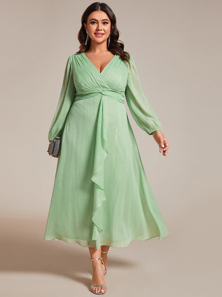 Plus Size Long Sleeve Twist Knot Glitter Midi Dress #color_Summer Green