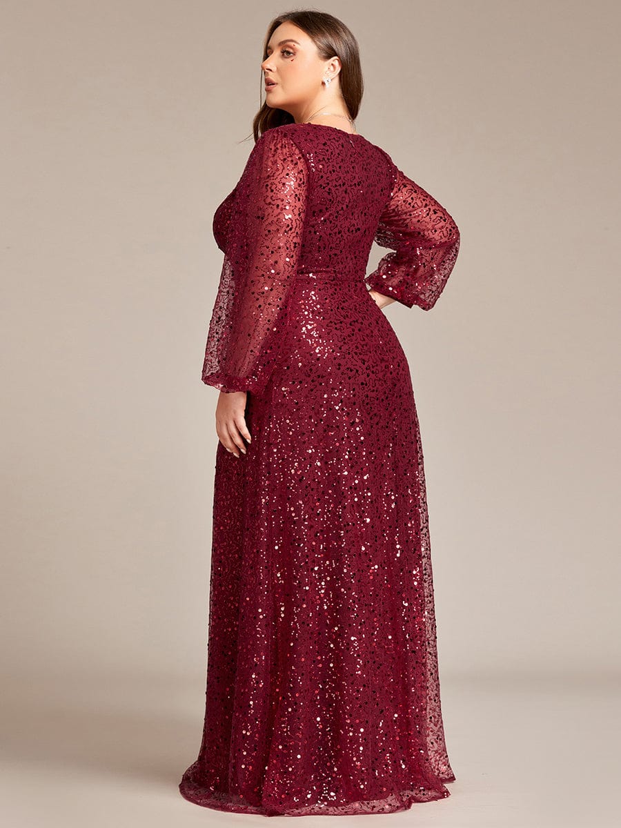 Plus Size V-Neck Lantern Long Sleeve Sequin A-Line Maxi Dress #color_Burgundy