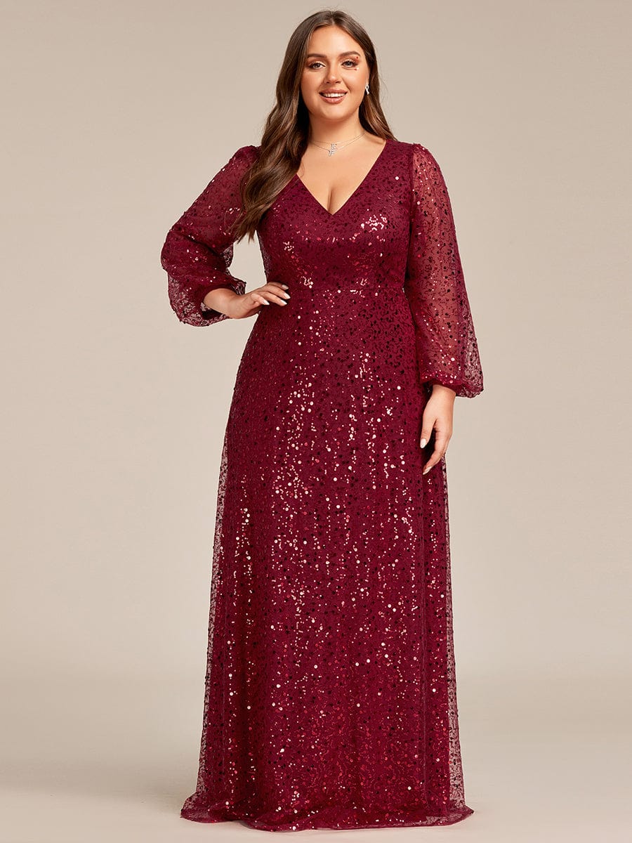 Plus Size V-Neck Lantern Long Sleeve Sequin A-Line Maxi Dress #color_Burgundy