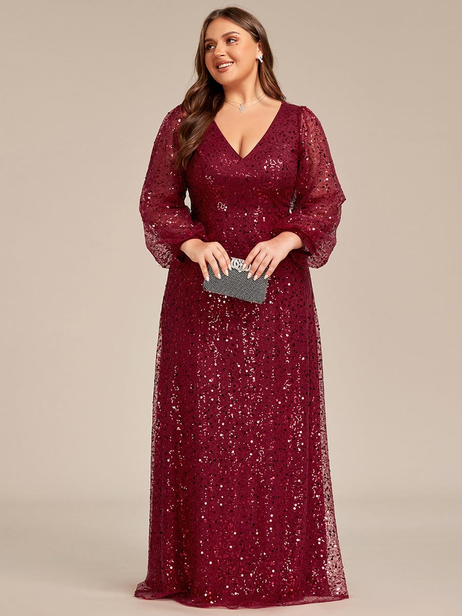 Plus Size V-Neck Lantern Long Sleeve Sequin A-Line Maxi Dress #color_Burgundy