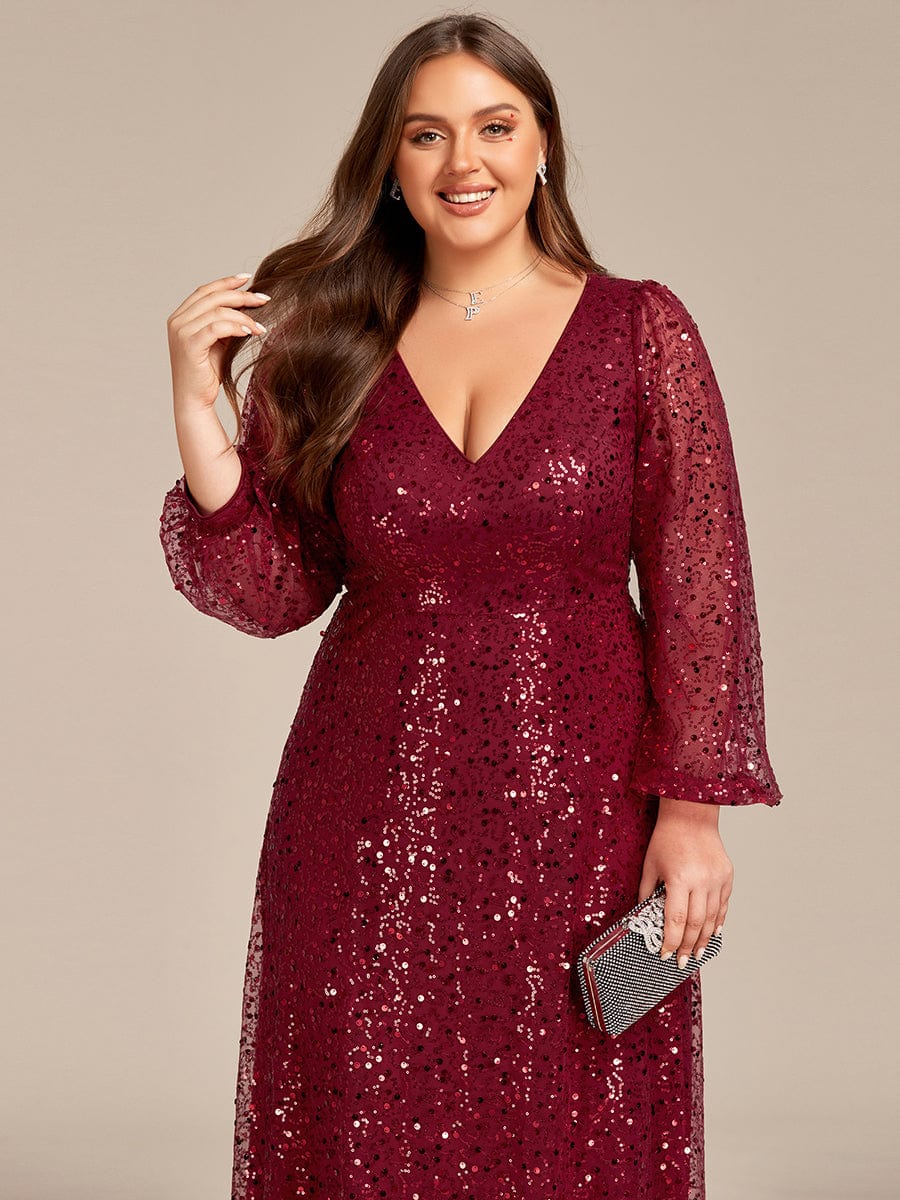 Plus Size V-Neck Lantern Long Sleeve Sequin A-Line Maxi Dress #color_Burgundy