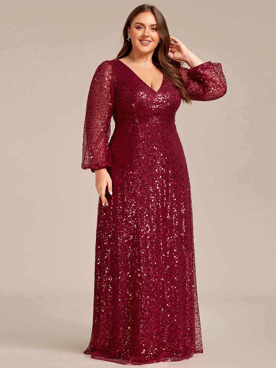 Plus Size V-Neck Lantern Long Sleeve Sequin A-Line Maxi Dress #color_Burgundy