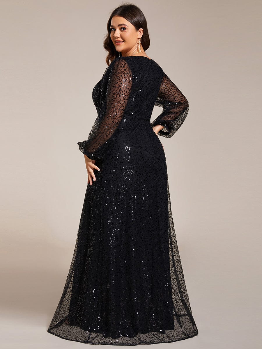 Plus Size V-Neck Lantern Long Sleeve Sequin A-Line Maxi Dress #color_Black