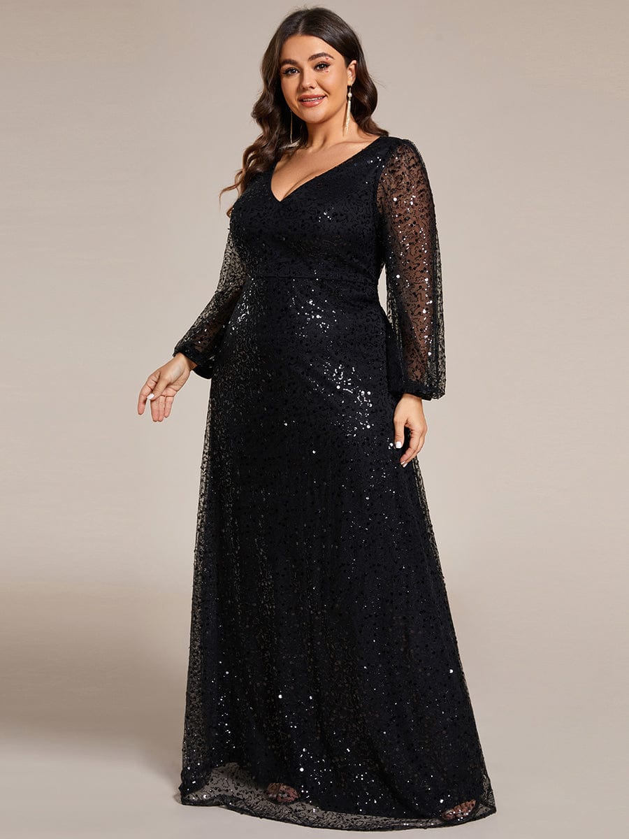 Plus Size V-Neck Lantern Long Sleeve Sequin A-Line Maxi Dress #color_Black