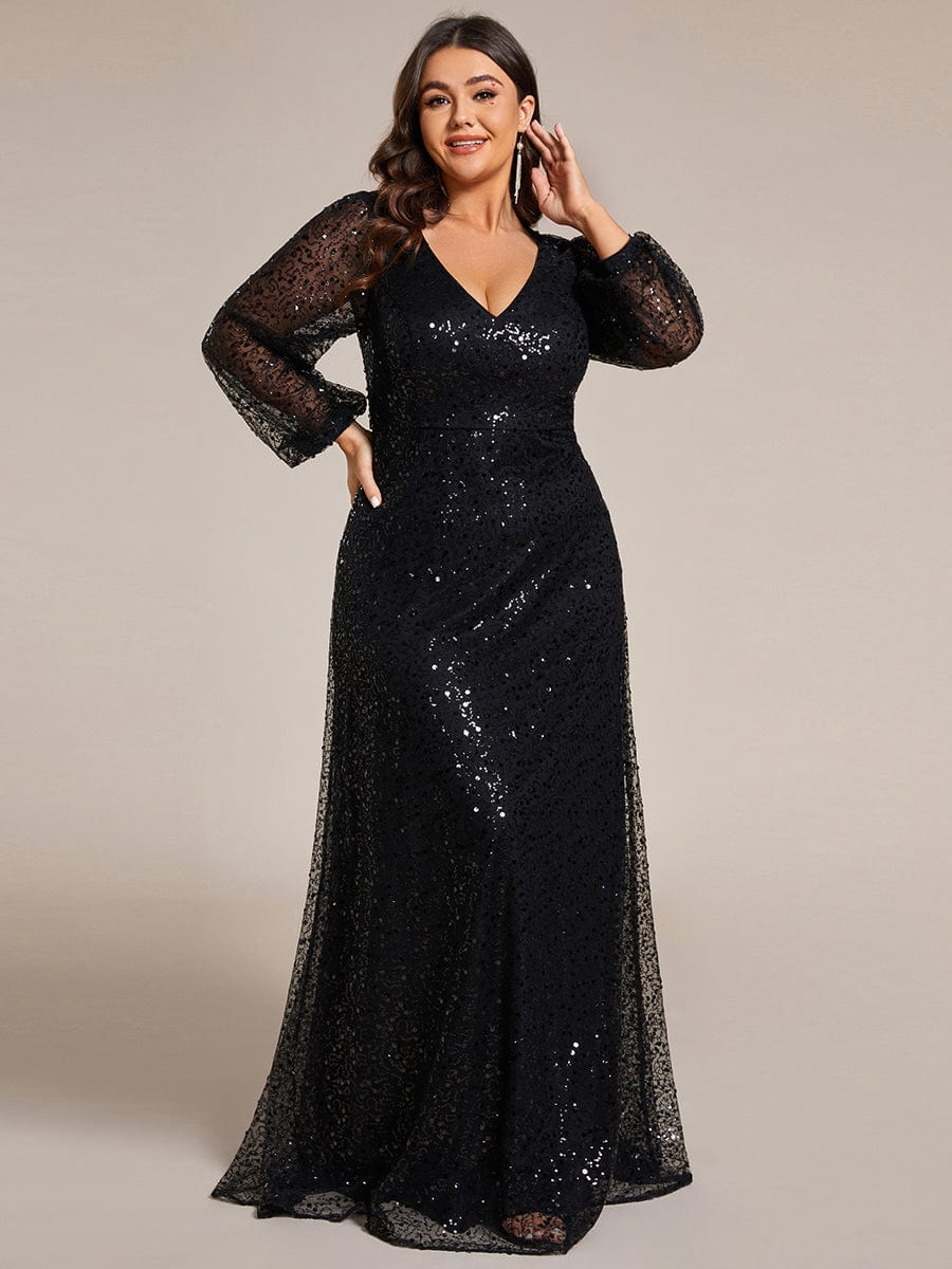 Plus Size V-Neck Lantern Long Sleeve Sequin A-Line Maxi Dress #color_Black