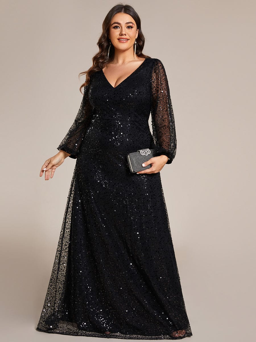 Plus Size V-Neck Lantern Long Sleeve Sequin A-Line Maxi Dress #color_Black