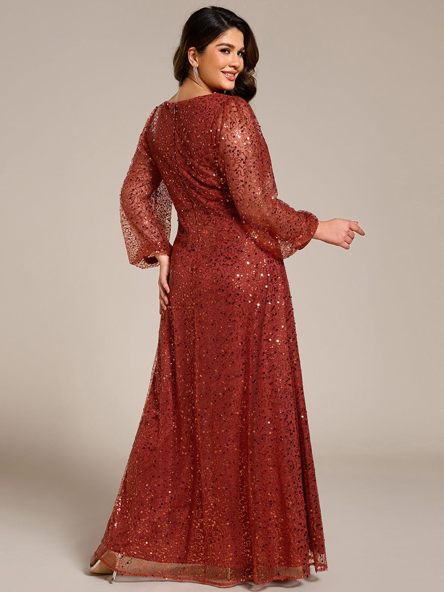 Plus Size V-Neck Lantern Long Sleeve Sequin A-Line Maxi Dress #color_Burnt Orange