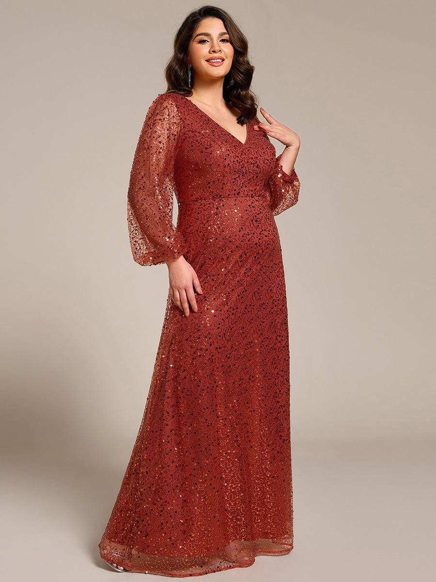 Plus Size V-Neck Lantern Long Sleeve Sequin A-Line Maxi Dress #color_Burnt Orange