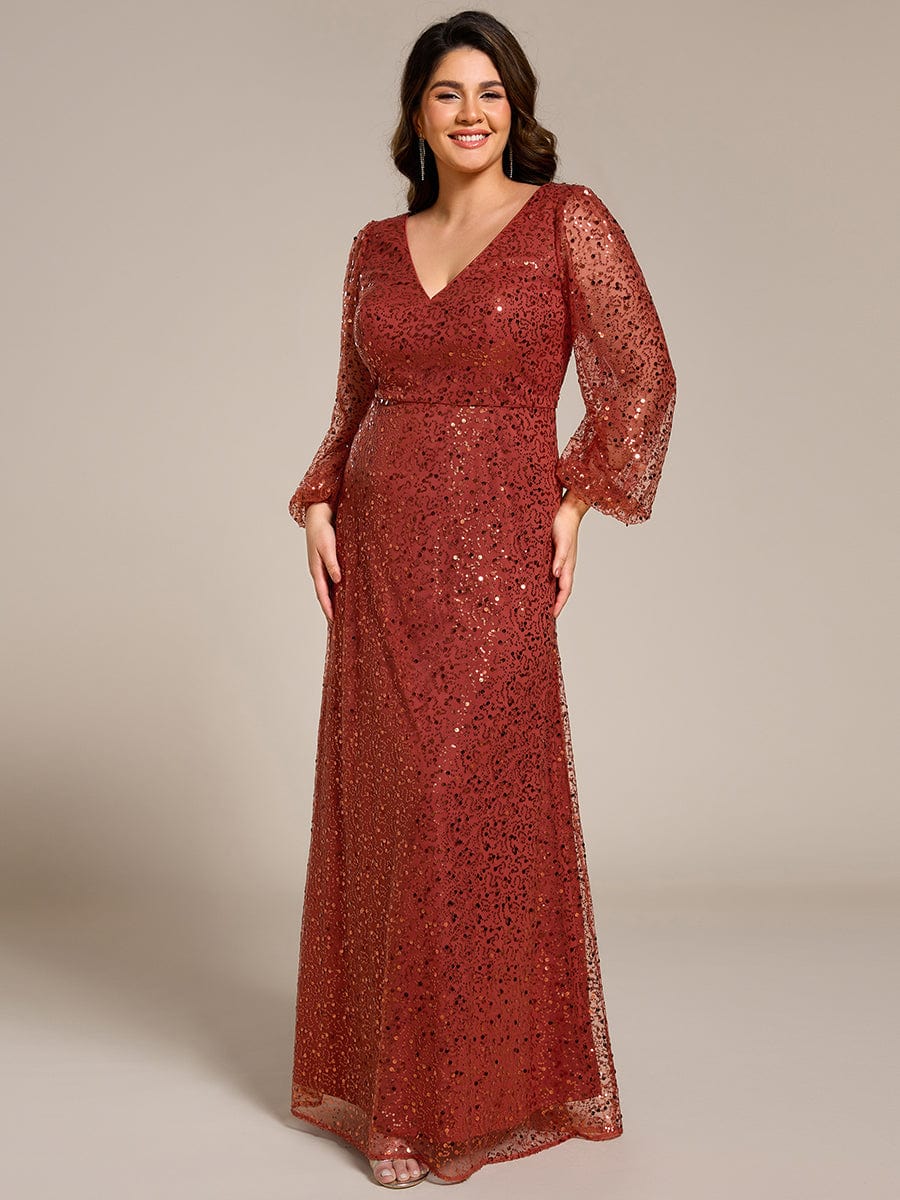 Plus Size V-Neck Lantern Long Sleeve Sequin A-Line Maxi Dress #color_Burnt Orange