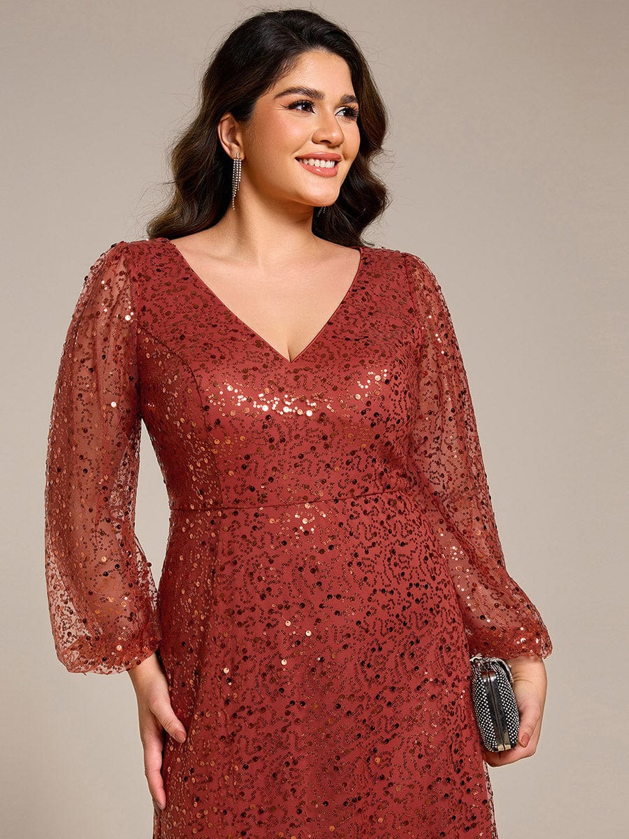 Plus Size V-Neck Lantern Long Sleeve Sequin A-Line Maxi Dress #color_Burnt Orange