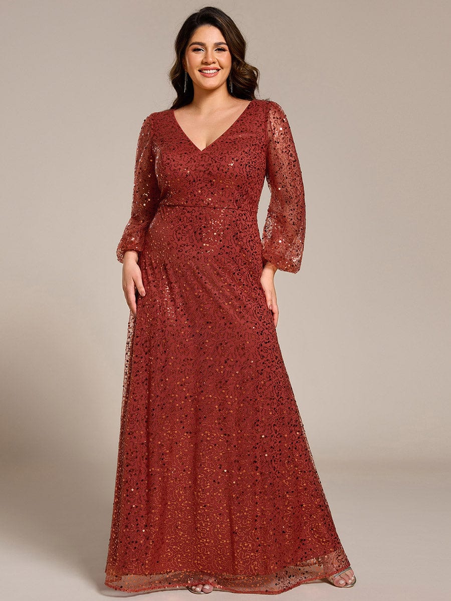 Plus Size V-Neck Lantern Long Sleeve Sequin A-Line Maxi Dress #color_Burnt Orange