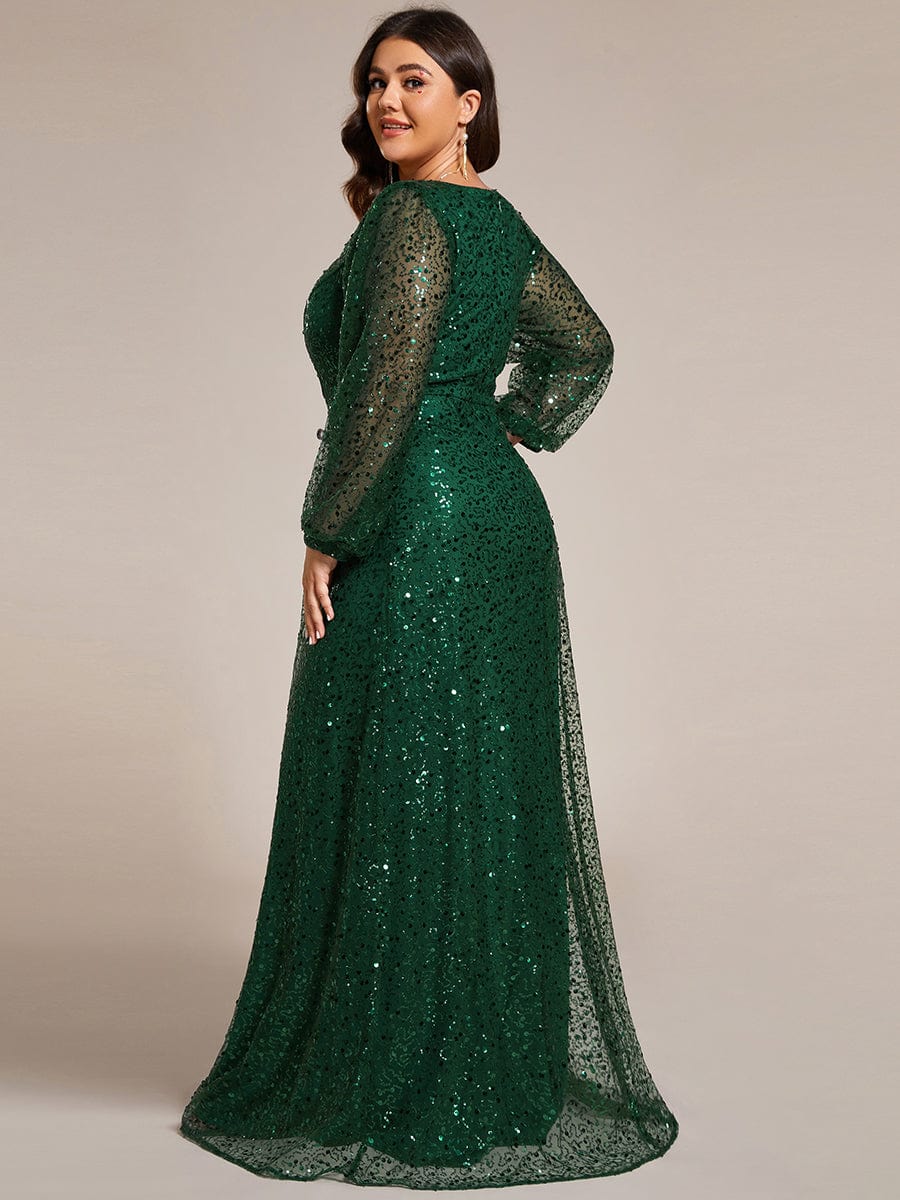 Plus Size V-Neck Lantern Long Sleeve Sequin A-Line Maxi Dress #color_Dark Green