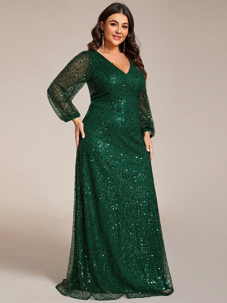 Plus Size V-Neck Lantern Long Sleeve Sequin A-Line Maxi Dress #color_Dark Green