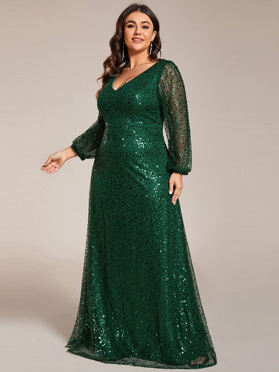 Plus Size V-Neck Lantern Long Sleeve Sequin A-Line Maxi Dress #color_Dark Green