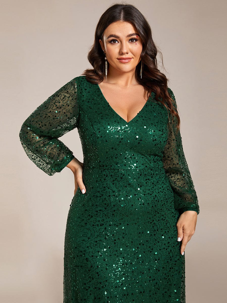 Plus Size V-Neck Lantern Long Sleeve Sequin A-Line Maxi Dress #color_Dark Green