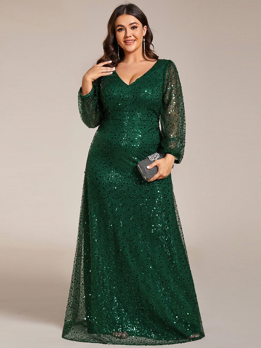 Plus Size V-Neck Lantern Long Sleeve Sequin A-Line Maxi Dress #color_Dark Green