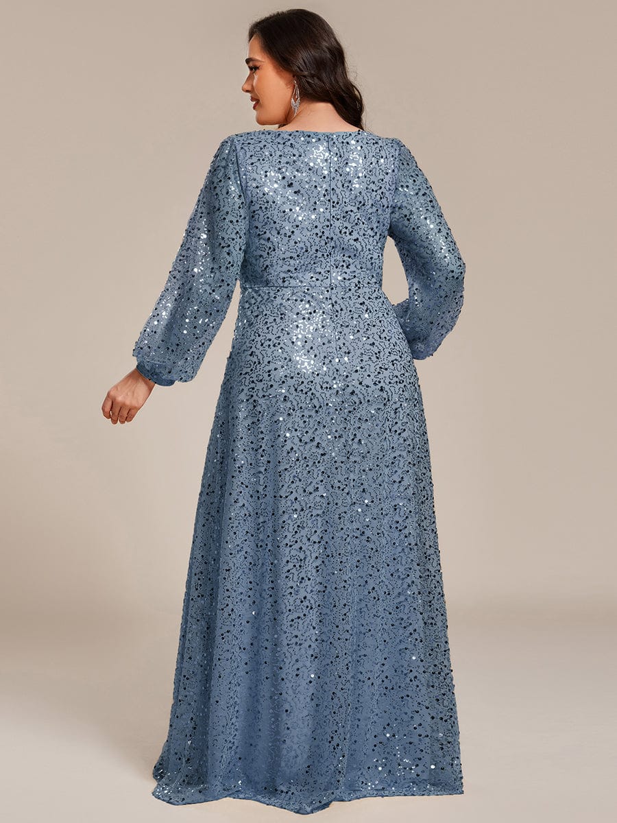 Plus Size V-Neck Lantern Long Sleeve Sequin A-Line Maxi Dress #color_Dusty Blue