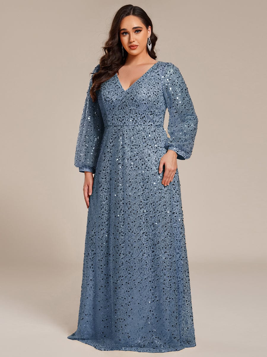 Plus Size V-Neck Lantern Long Sleeve Sequin A-Line Maxi Dress #color_Dusty Blue