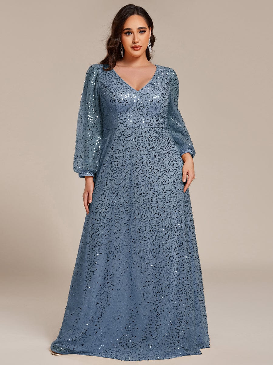 Plus Size V-Neck Lantern Long Sleeve Sequin A-Line Maxi Dress #color_Dusty Blue