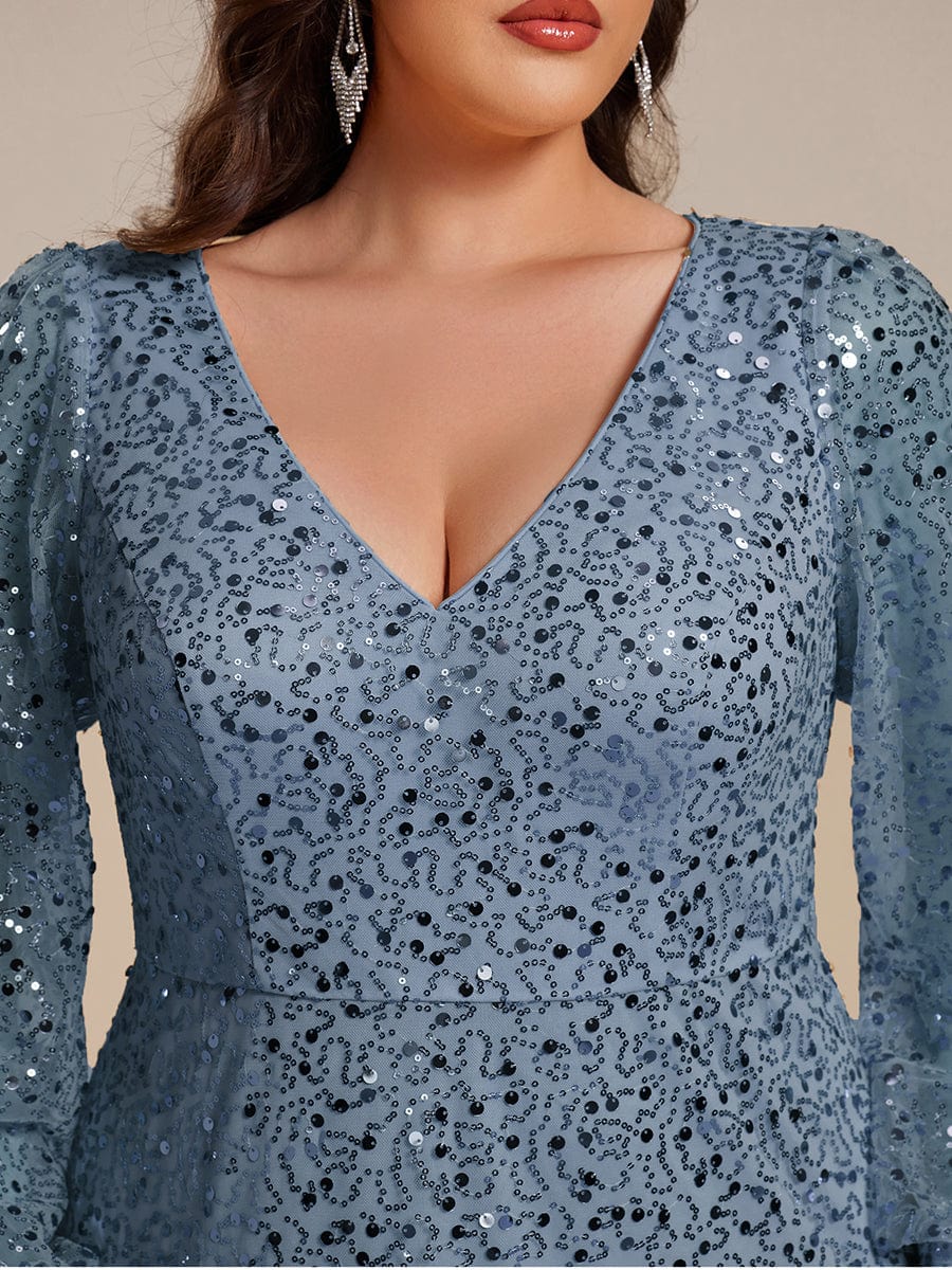 Plus Size V-Neck Lantern Long Sleeve Sequin A-Line Maxi Dress #color_Dusty Blue