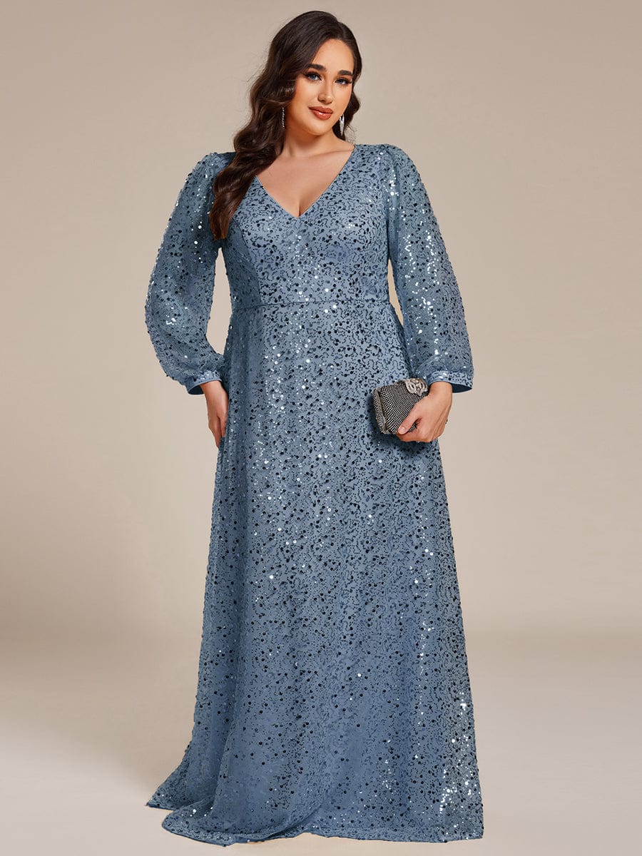 Plus Size V-Neck Lantern Long Sleeve Sequin A-Line Maxi Dress #color_Dusty Blue