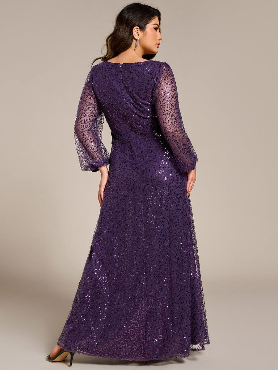 Plus Size V-Neck Lantern Long Sleeve Sequin A-Line Maxi Dress #color_Dark Purple