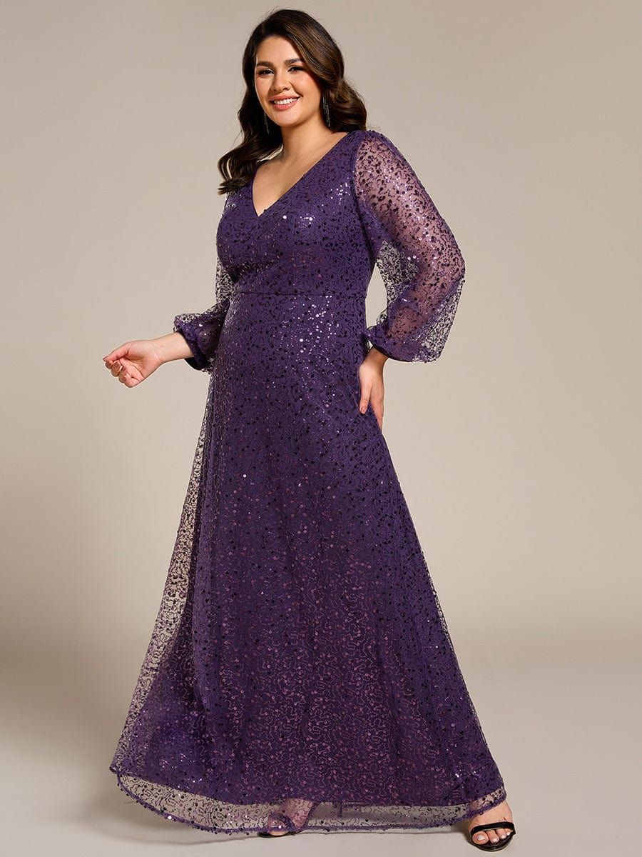 Plus Size V-Neck Lantern Long Sleeve Sequin A-Line Maxi Dress #color_Dark Purple