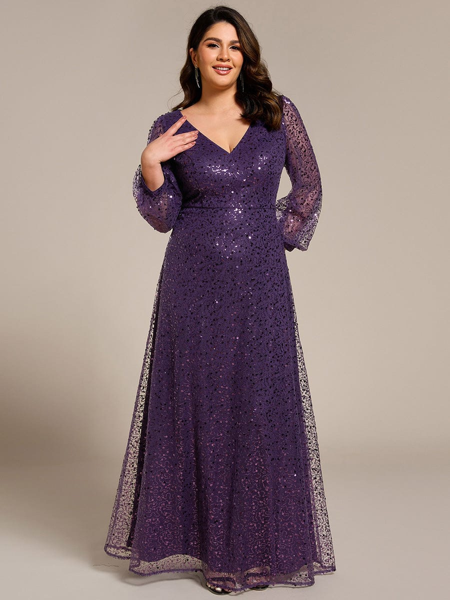 Plus Size V-Neck Lantern Long Sleeve Sequin A-Line Maxi Dress #color_Dark Purple