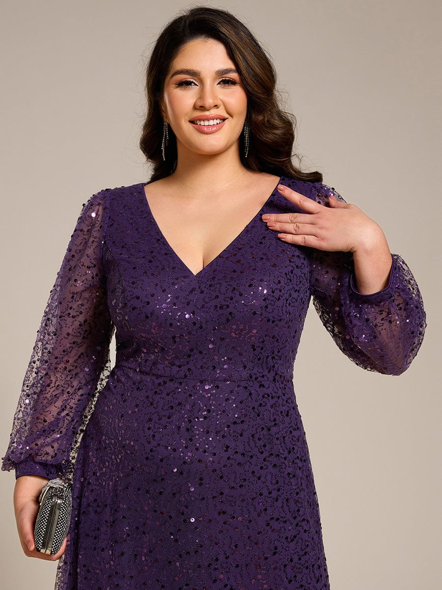 Plus Size V-Neck Lantern Long Sleeve Sequin A-Line Maxi Dress #color_Dark Purple