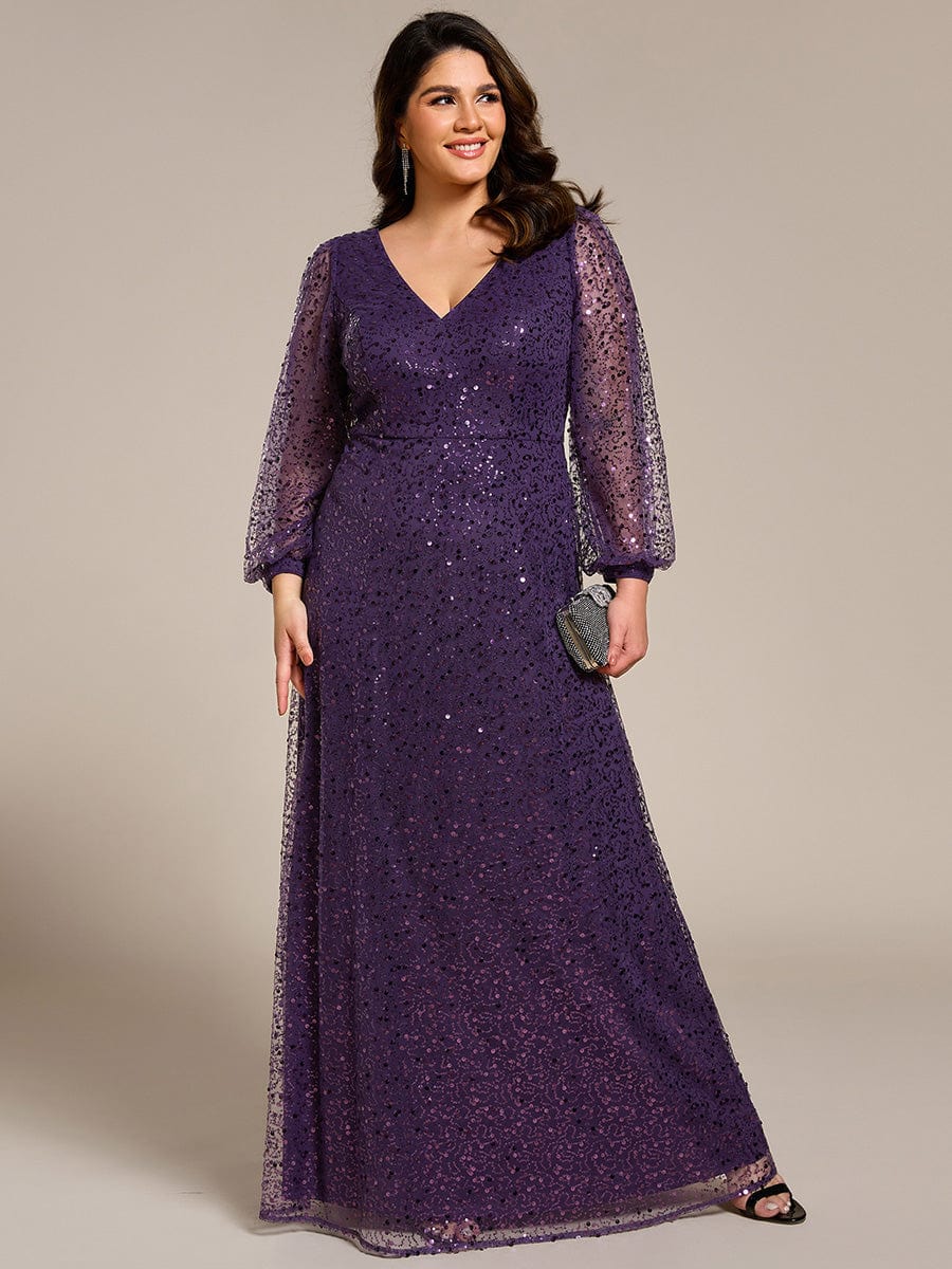 Plus Size V-Neck Lantern Long Sleeve Sequin A-Line Maxi Dress #color_Dark Purple