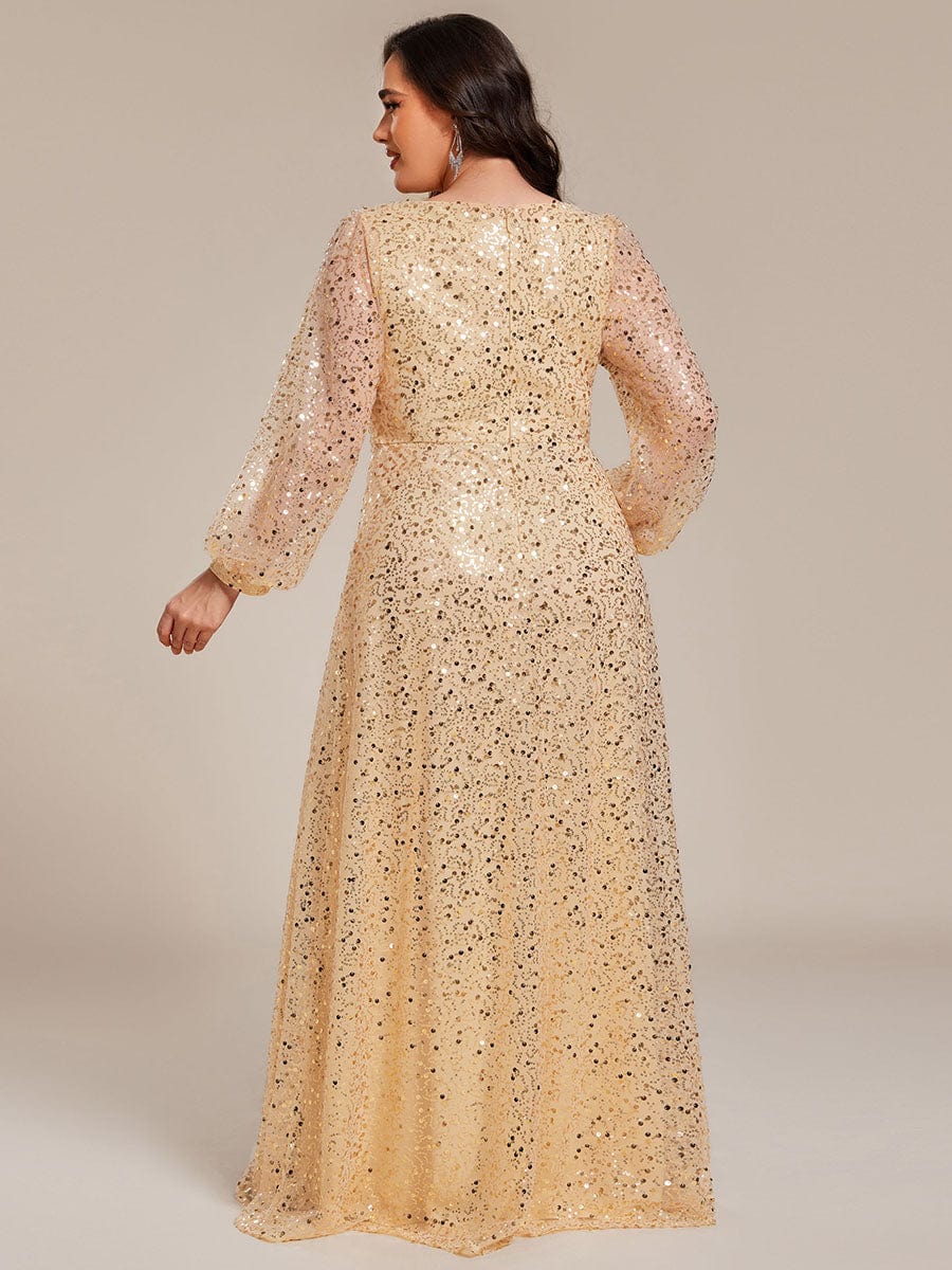 Plus Size V-Neck Lantern Long Sleeve Sequin A-Line Maxi Dress #color_Gold