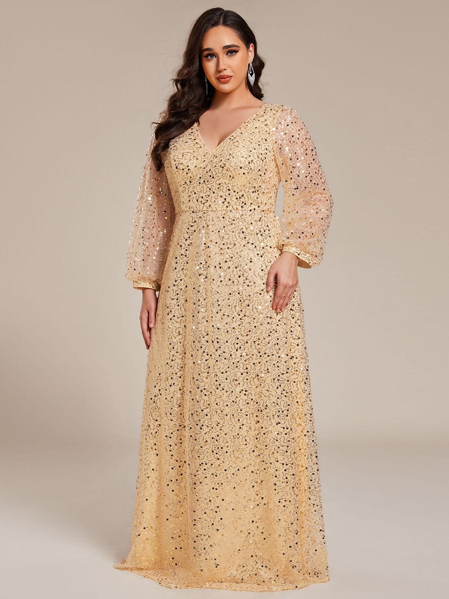 Plus Size V-Neck Lantern Long Sleeve Sequin A-Line Maxi Dress #color_Gold