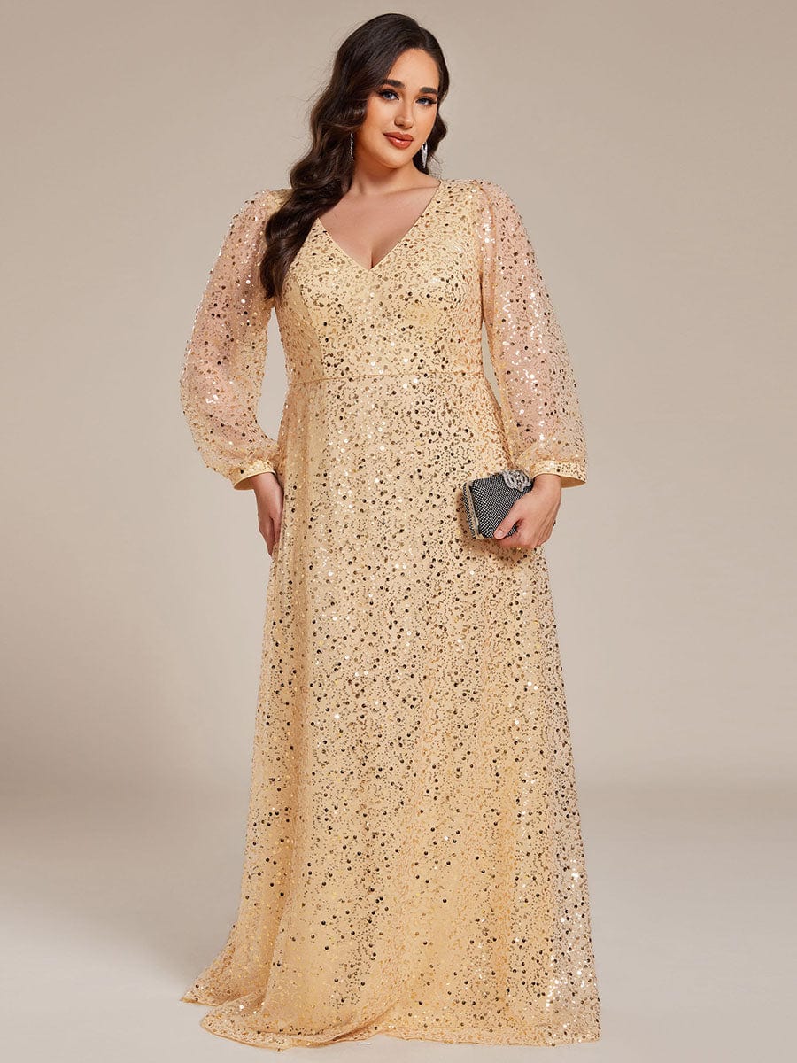 Plus Size V-Neck Lantern Long Sleeve Sequin A-Line Maxi Dress #color_Gold