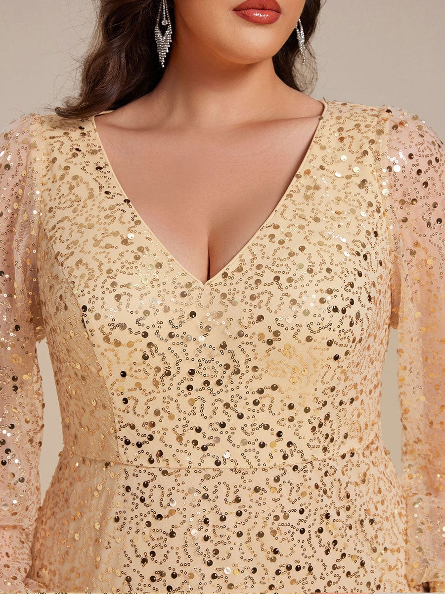 Plus Size V-Neck Lantern Long Sleeve Sequin A-Line Maxi Dress #color_Gold